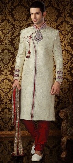 Red and Maroon, White and Off White color Sherwani in Jacquard fabric with Kundan, Patch, Stone work : 13085