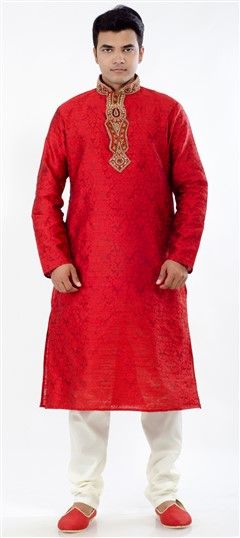 13208: Red and Maroon color Kurta Pyjamas in Jacquard fabric with Embroidered, Patch work
