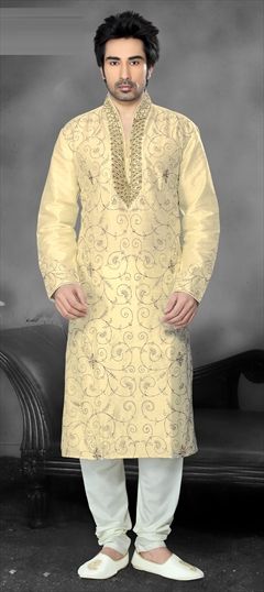 13801: White and Off White color Kurta Pyjamas in Raw Dupion Silk fabric with Stone, Thread work
