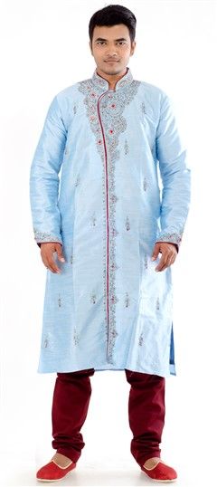 Blue color Kurta Pyjamas in Raw Dupion Silk fabric with Cut Dana, Stone, Thread work : 13802