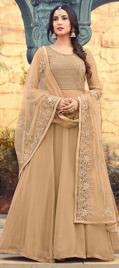 Party Wear, Reception Beige and Brown color Salwar Kameez in Georgette fabric with Abaya, Anarkali Embroidered, Stone, Thread, Zari work : 1500165