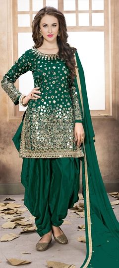 Mehendi Sangeet, Party Wear Green color Salwar Kameez in Taffeta Silk fabric with Patiala Mirror, Thread, Zari work : 1500752