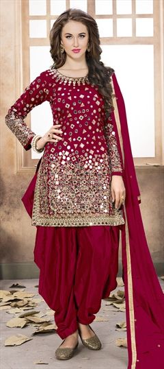 Casual Red and Maroon color Salwar Kameez in Taffeta Silk fabric with Patiala Mirror, Thread, Zari work : 1500755