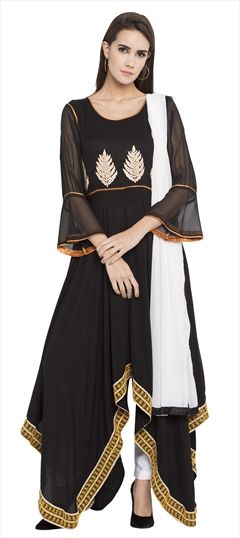 1500998: Designer, Party Wear Black and Grey color Salwar Kameez in Cotton fabric with Asymmetrical Embroidered, Patch, Thread work