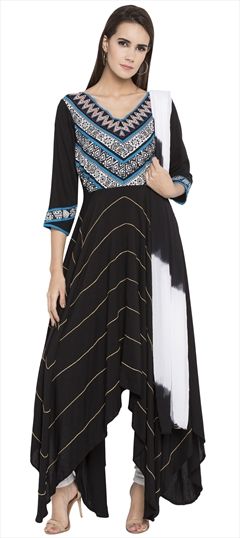 1500999: Designer, Party Wear Black and Grey color Salwar Kameez in Cotton fabric with Asymmetrical Printed work