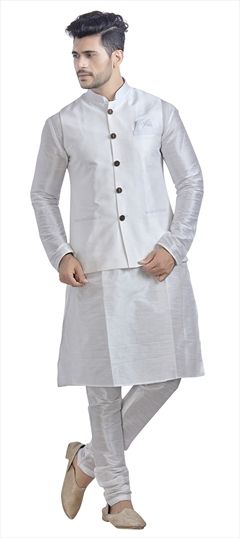 1501485: White and Off White color Kurta Pyjama with Jacket in Silk fabric with Thread work