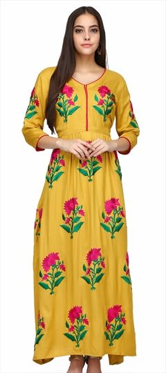 1501518: Yellow color Kurti in Rayon fabric with Machine Embroidery, Resham, Thread work
