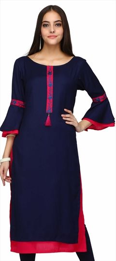 1501522: Blue color Kurti in Rayon fabric with Machine Embroidery, Resham, Thread work