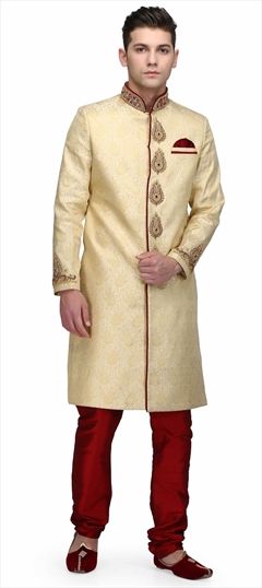 1501710: Beige and Brown color Sherwani in Brocade fabric with Sequence, Stone, Zari work