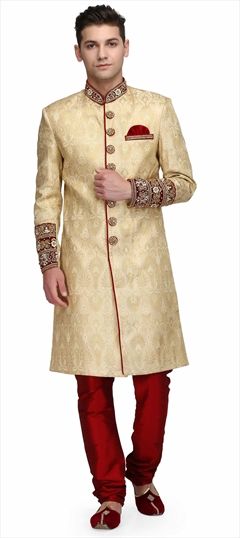 Beige and Brown color Sherwani in Brocade fabric with Sequence, Stone, Thread, Zari work : 1501711