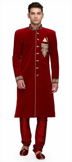 1501713: Red and Maroon color Sherwani in Velvet fabric with Stone, Thread, Zari work