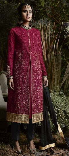 1502621: Red and Maroon color Salwar Kameez in Faux Georgette fabric with Embroidered, Lace, Resham, Stone, Thread, Zari work