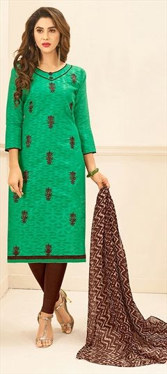 1502643: Green color Salwar Kameez in Jacquard fabric with Thread work