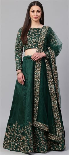 Mehendi Sangeet, Reception Green color Lehenga in Velvet fabric with A Line Embroidered, Resham, Sequence, Thread, Zari work : 1503421
