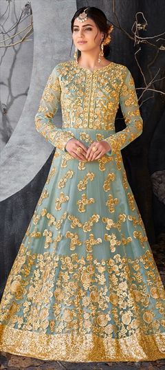 1506880: Mehendi Sangeet, Wedding Blue color Salwar Kameez in Net fabric with Abaya, Anarkali Border, Embroidered, Resham, Sequence, Stone, Thread work