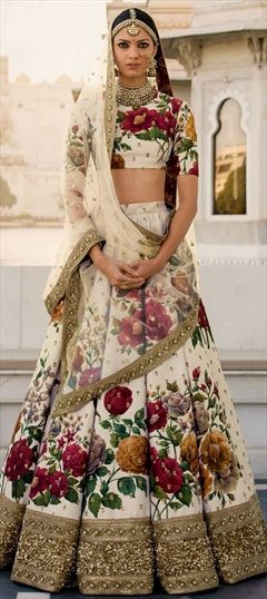 Wedding Beige and Brown color Lehenga in Art Silk, Silk fabric with Border, Floral, Printed, Sequence, Thread work : 1507522