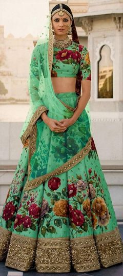 1507524: Wedding Green color Lehenga in Art Silk fabric with  Border, Floral, Printed, Sequence, Thread work