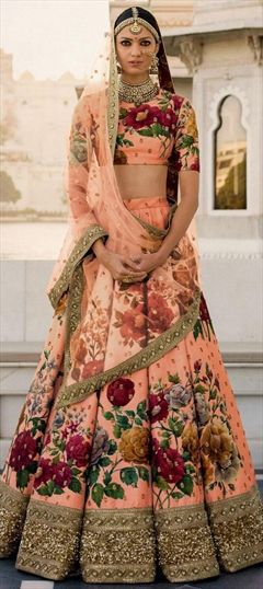 Wedding Orange color Lehenga in Art Silk, Silk fabric with Border, Floral, Printed, Sequence, Thread work : 1507530
