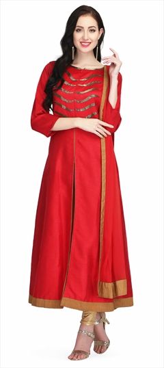 1508681: Party Wear Red and Maroon color Salwar Kameez in Raw Silk fabric with Slits Cut Dana work