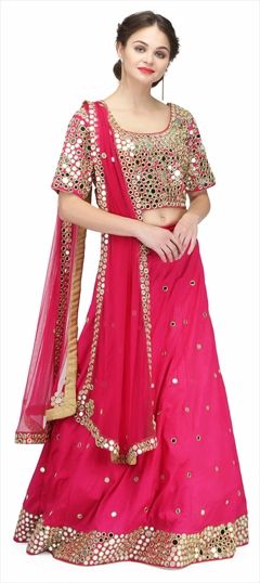 1509017: Bridal, Wedding Pink and Majenta color Lehenga in Raw Silk fabric with  Mirror, Thread, Zari work