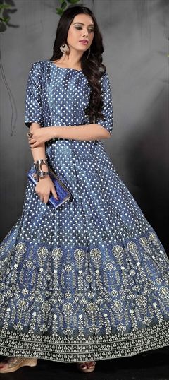 1509092: Party Wear Blue color Gown in Raw Silk fabric with  Printed work