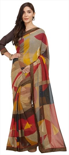 Traditional Multicolor color Saree in Georgette fabric with Classic Bugle Beads, Printed work : 1510427