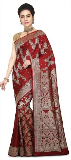 1510541: Traditional Red and Maroon color Saree in Banarasi Silk fabric with Thread work