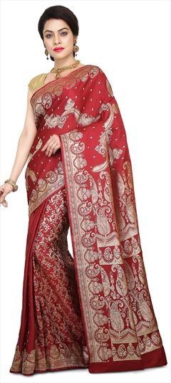 1510544: Traditional Red and Maroon color Saree in Banarasi Silk fabric with Thread work