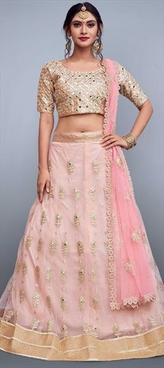 Wedding Pink and Majenta color Lehenga in Net fabric with Embroidered, Lace, Mirror, Thread work : 1510768