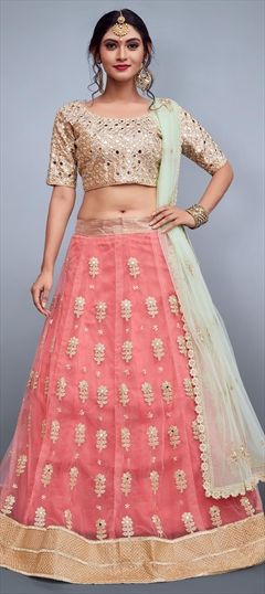Wedding Pink and Majenta color Lehenga in Net fabric with Embroidered, Lace, Mirror, Thread work : 1510771