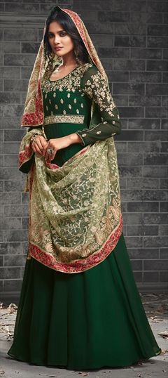 1510795: Bollywood Green color Salwar Kameez in Georgette fabric with Abaya, Anarkali Embroidered, Thread, Zari work