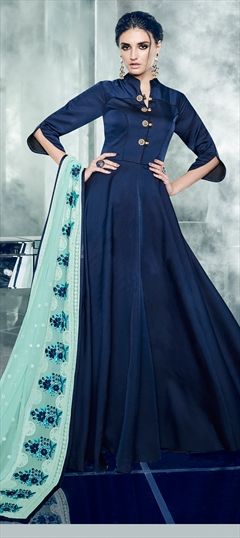 1511125: Party Wear Blue color Gown in Satin Silk fabric with Stone work