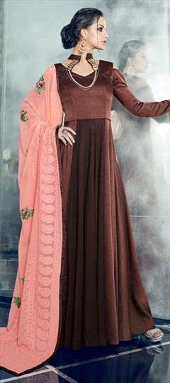 1511126: Party Wear Beige and Brown color Gown in Satin Silk fabric with Stone work