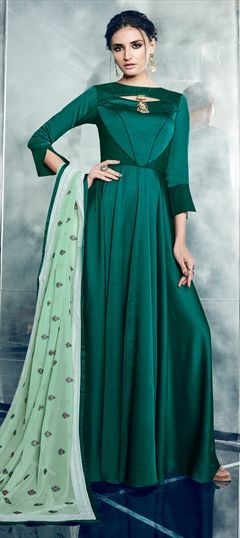1511127: Party Wear Green color Gown in Satin Silk fabric with Broches work