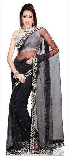1511387: Bridal, Wedding Black and Grey color Saree in Net fabric with Cut Dana, Moti, Zircon work