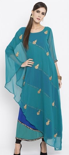 Designer, Party Wear Blue color Kurti in Faux Georgette fabric with Embroidered, Moti, Thread work : 1511957