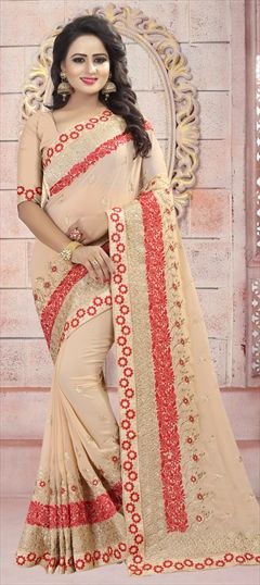 Party Wear Beige and Brown color Saree in Georgette fabric with Classic Border, Embroidered, Resham, Thread, Zari work : 1512003