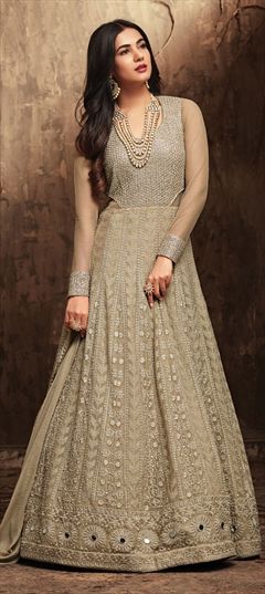 1512233: Bollywood Beige and Brown color Salwar Kameez in Georgette fabric with Abaya, Anarkali Embroidered, Mirror, Resham, Thread work
