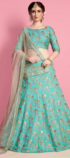 Mehendi Sangeet, Reception, Wedding Blue color Lehenga in Art Silk, Silk fabric with A Line Embroidered, Thread work : 1512453