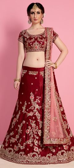 Wedding Red and Maroon color Lehenga in Semi Velvet fabric with Embroidered, Thread work : 1512470