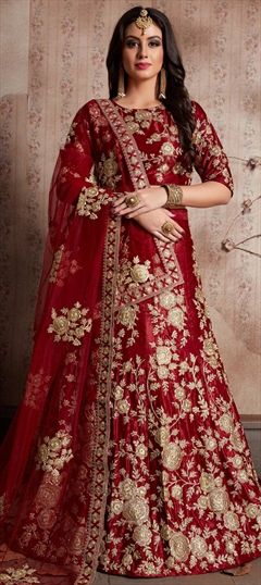 Bridal, Wedding Red and Maroon color Lehenga in Semi Velvet fabric with A Line Embroidered, Thread, Zari work : 1512474