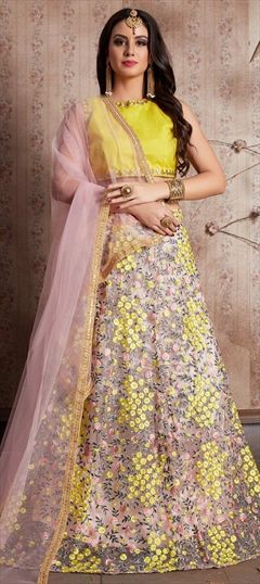 Mehendi Sangeet Pink and Majenta color Lehenga in Net fabric with Embroidered, Resham, Thread work : 1512485
