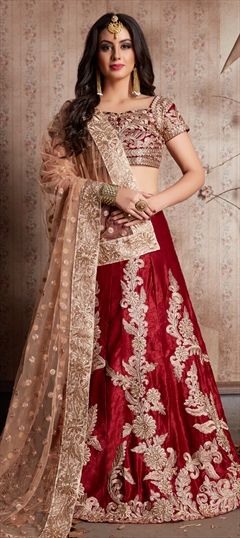 1512487: Mehendi Sangeet Red and Maroon color Lehenga in Semi Velvet fabric with Embroidered, Sequence, Thread, Zari work