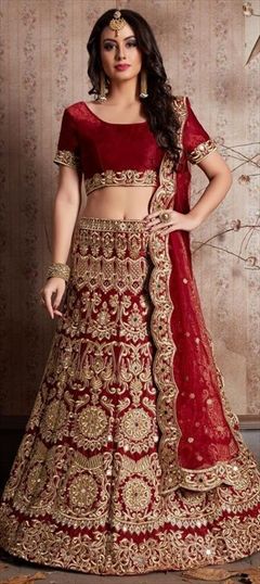 Wedding Red and Maroon color Lehenga in Semi Velvet fabric with Embroidered, Mirror, Thread, Zari work : 1512489
