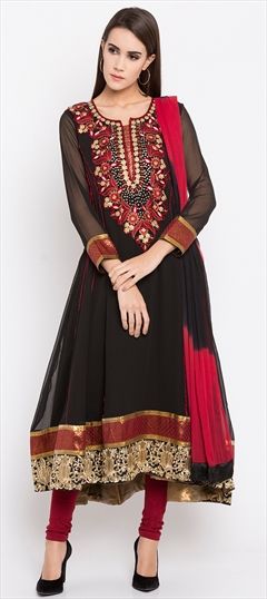 1512527: Party Wear Black and Grey color Salwar Kameez in Faux Georgette fabric with Asymmetrical Embroidered, Thread work
