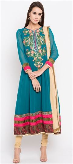 1512541: Party Wear Blue color Salwar Kameez in Faux Georgette fabric with Anarkali Embroidered, Thread work