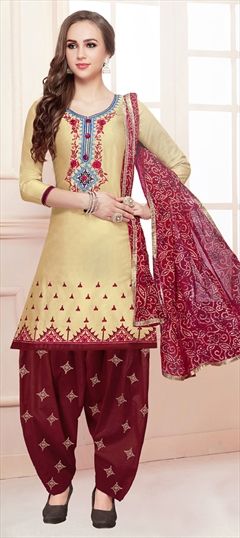 1512979: Party Wear Beige and Brown color Salwar Kameez in Cotton fabric with Patiala Embroidered, Resham, Thread work