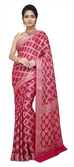 1513542: Traditional Pink and Majenta color Saree in Banarasi Silk fabric with Thread work