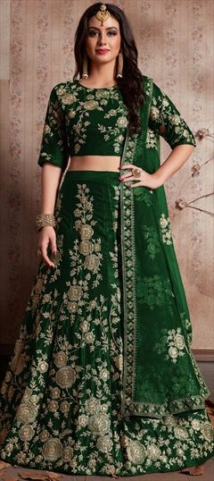 Mehendi Sangeet Green color Lehenga in Semi Velvet fabric with Embroidered, Sequence, Thread, Zari work : 1514701