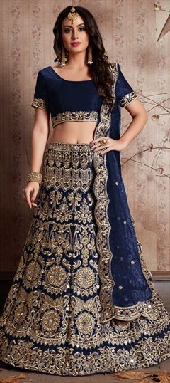 Mehendi Sangeet Blue color Lehenga in Semi Velvet fabric with Embroidered, Mirror, Thread, Zari work : 1514711